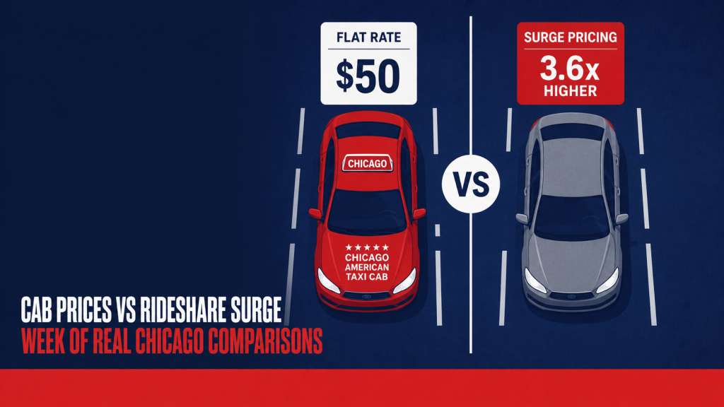 Cab prices vs rideshare surge in Chicago, comparing a red flat-rate taxi with a rideshare car and surge pricing.