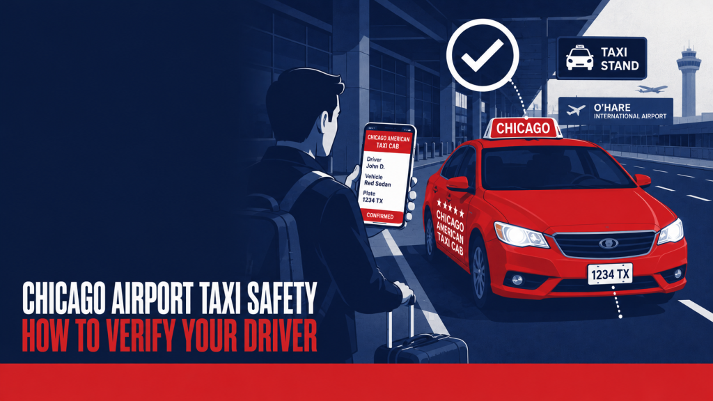 Chicago airport taxi safety guide showing a passenger verifying a driver, vehicle, and license plate before entering a red taxi.