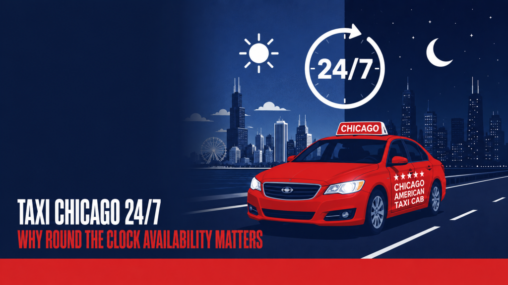 Taxi Chicago 24/7 with a red taxi showing round-the-clock day and night availability.