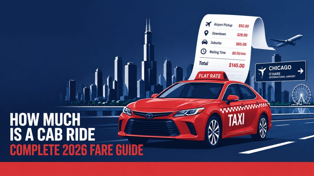 Airport taxi collecting passengers with suitcases from a Naperville home for an O'Hare transfer
